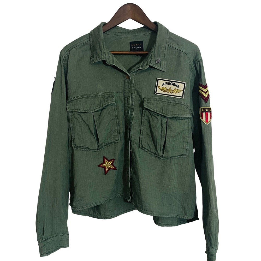 Womens Y2K Military Utility Herringbone Patch Shacket Small Army Green Button Up